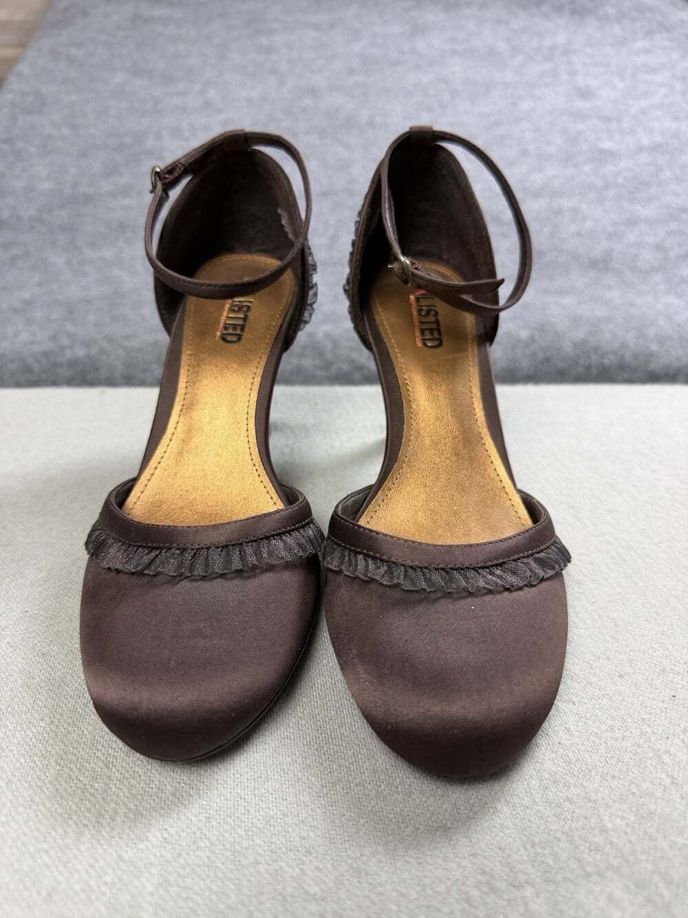 Unlisted Kenneth Cole Brown Satin Ruffle Heels Ankle Strap Pumps 7.5 Y2K